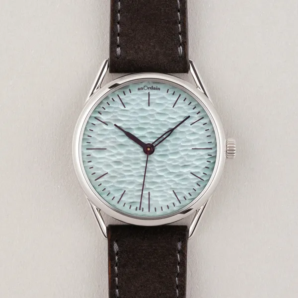 anOrdain Model 3 Method Lichen on grey suede strap
