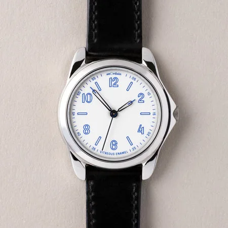 anOrdain Model 2 36mm white enamel dial on black leather strap, front view