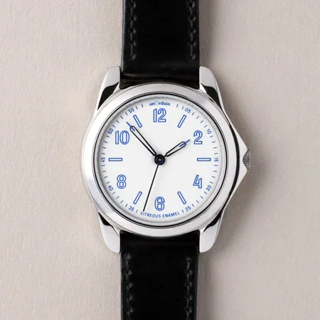 anOrdain Model 2 36mm white enamel dial on black leather strap, front view