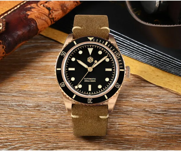 San Martin Bronze Diver SN004-Q-B front view on suede leather strap