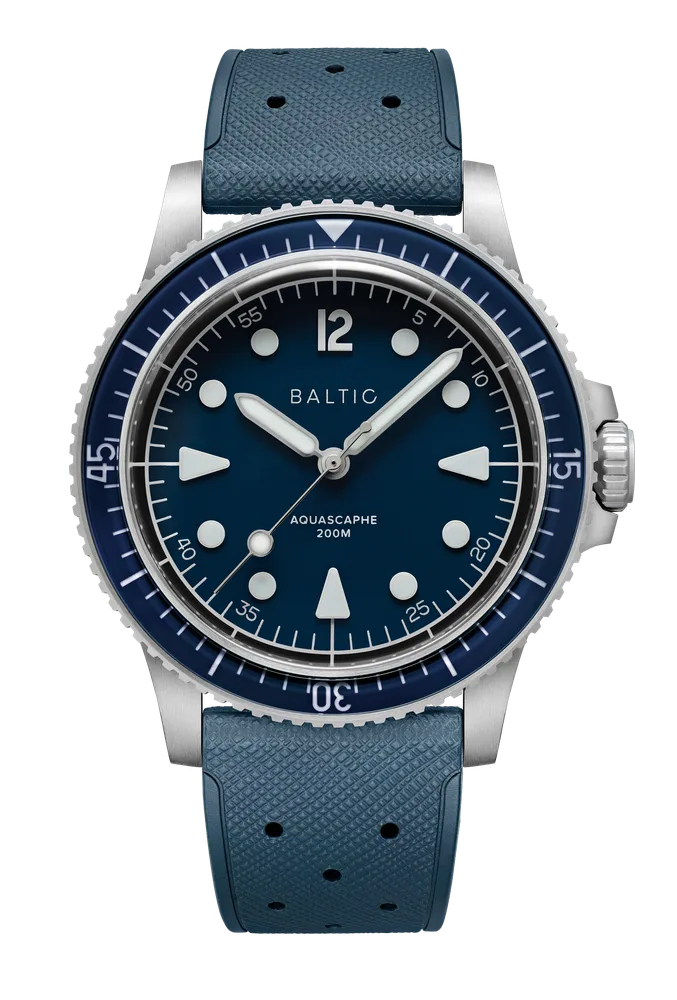 Baltic Aquascaphe MK2 with blue dial and sapphire dive bezel, front view
