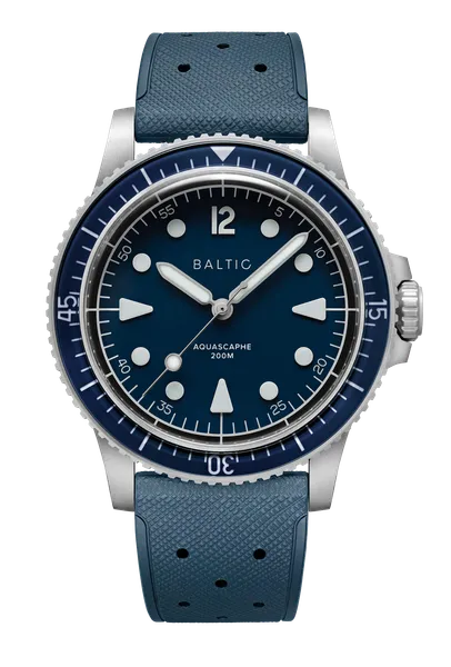 Baltic Aquascaphe MK2 with blue dial and sapphire dive bezel, front view