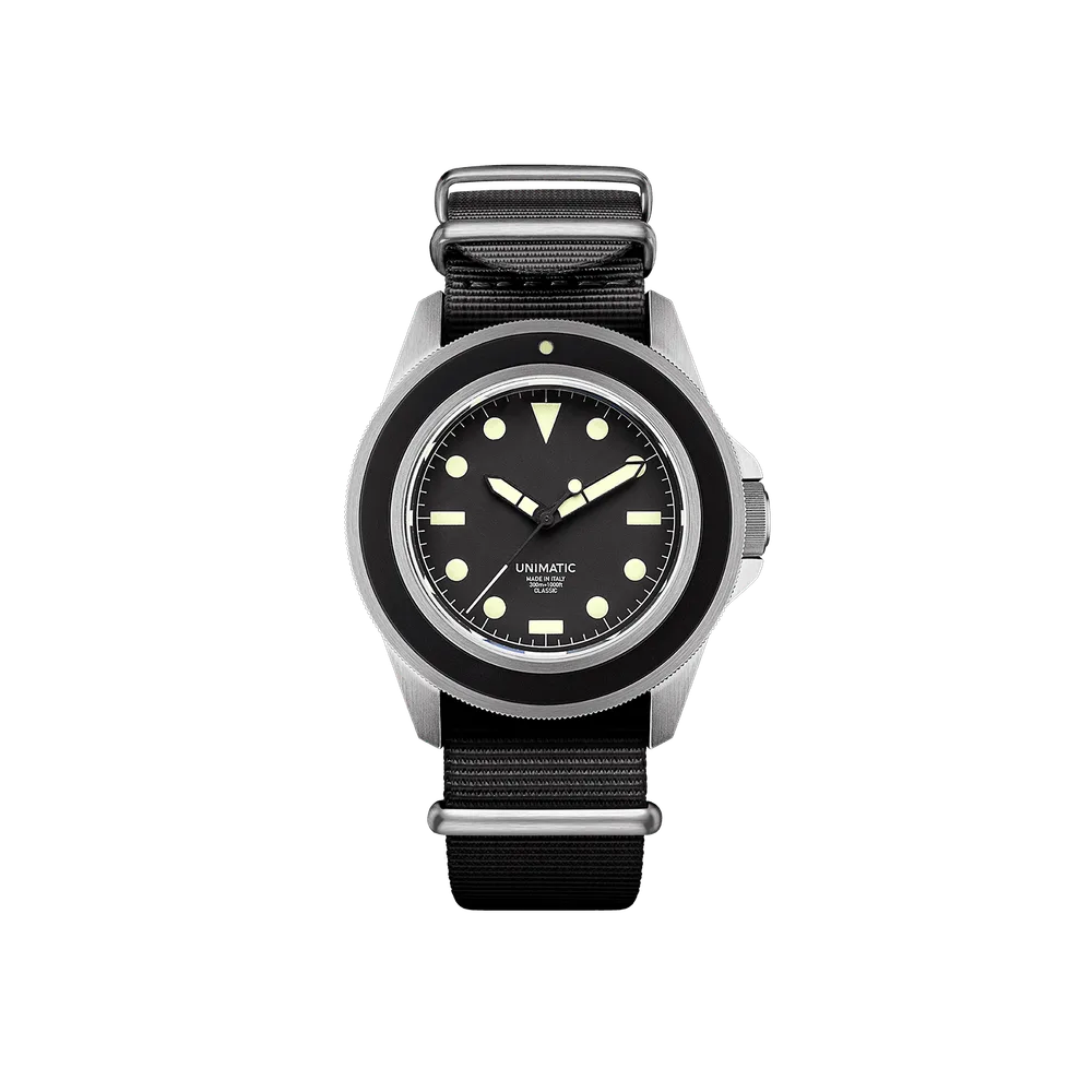 Unimatic Modello Uno UC1 minimalist diver with matte black dial, front view