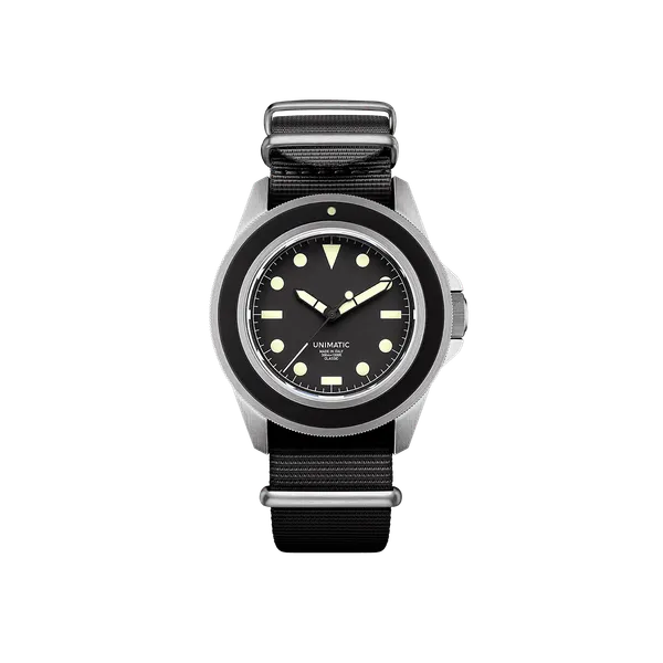 Unimatic Modello Uno UC1 minimalist diver with matte black dial, front view