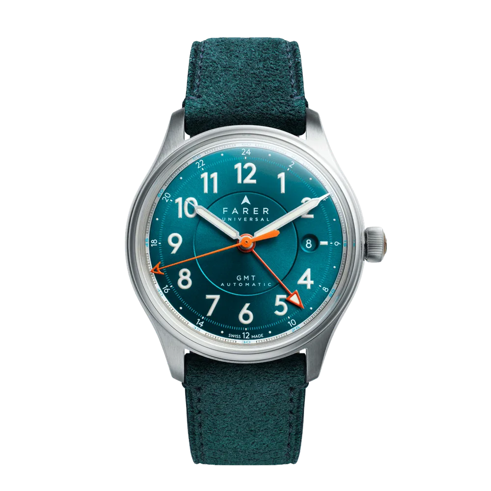 Farer Lander GMT with sunburst dial on suede strap, front view