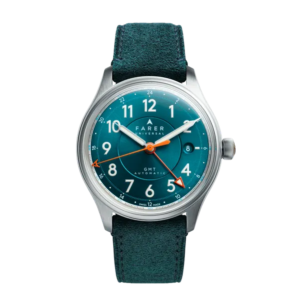 Farer Lander GMT with sunburst dial on suede strap, front view