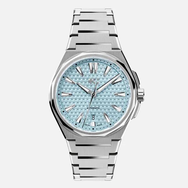 Christopher Ward The Twelve 40mm with Glacier Blue dial on integrated steel bracelet, front view