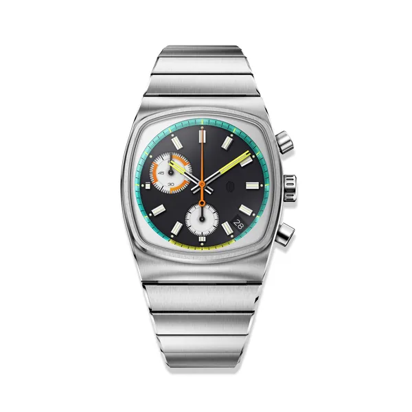 Brew Metric retro meca-quartz chronograph on steel bracelet, front view