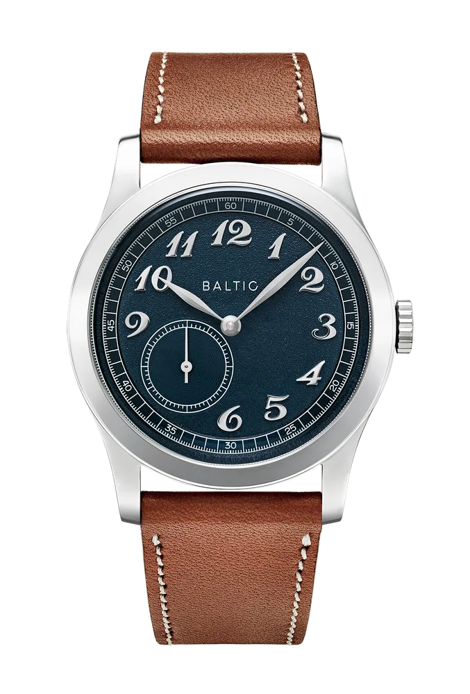 Baltic MR01 blue dial front view on tan leather strap