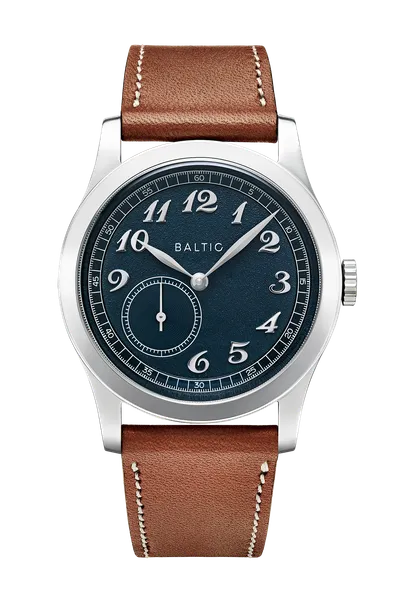Baltic MR01 blue dial front view on tan leather strap
