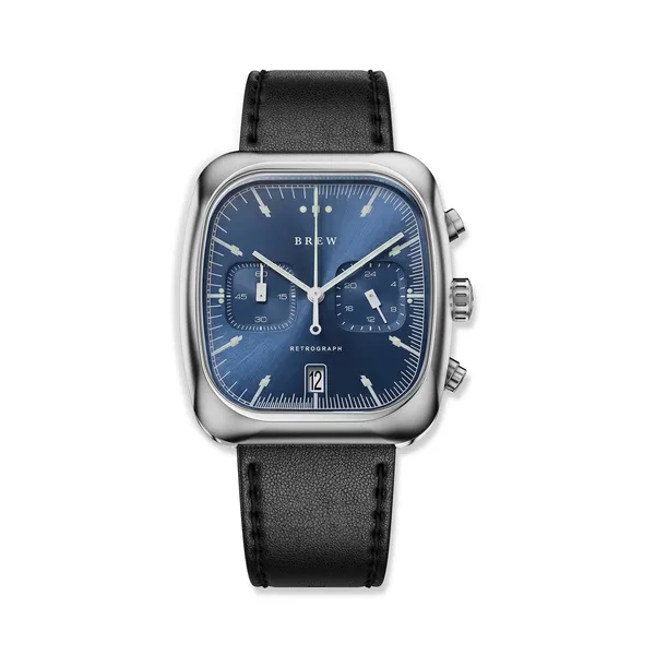 Brew Retrograph Cobalt front view with cobalt blue sunburst dial