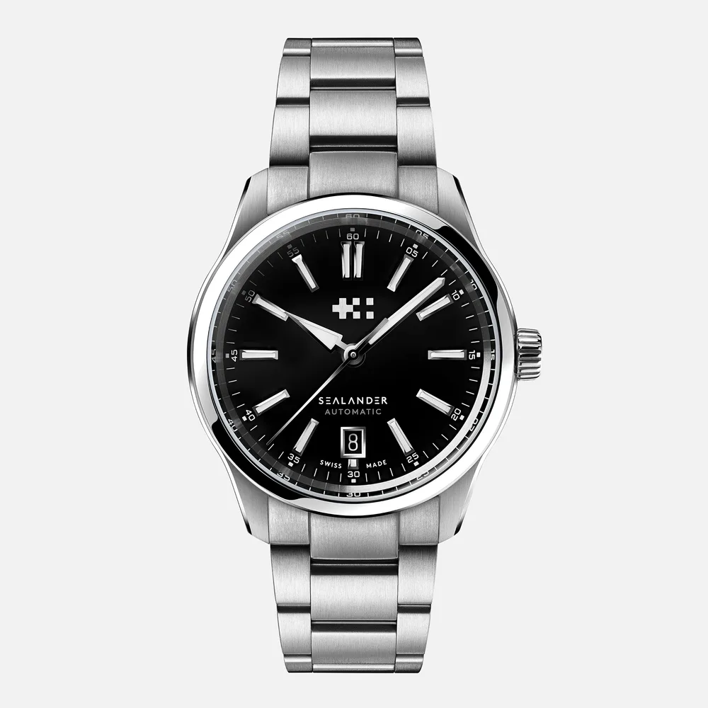 Christopher Ward C63 Sealander Automatic 39mm black dial on steel bracelet, front view
