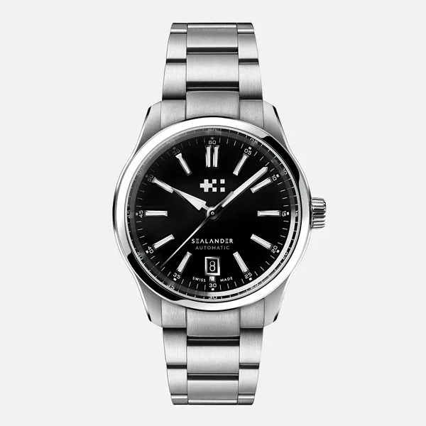 Christopher Ward C63 Sealander Automatic 39mm black dial on steel bracelet, front view
