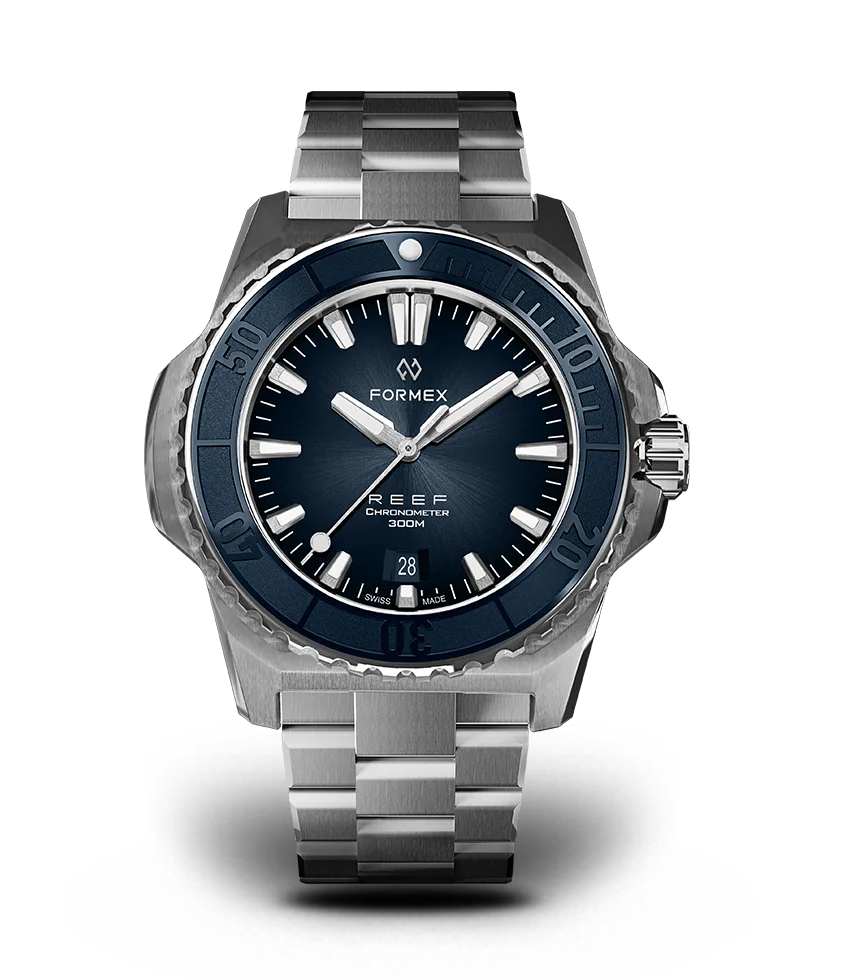 Formex Reef 42mm automatic diver, blue dial, steel bracelet, front view