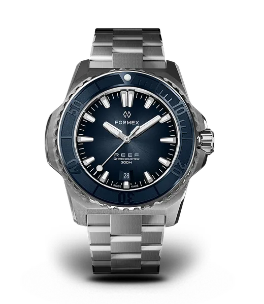 Formex Reef 42mm automatic diver, blue dial, steel bracelet, front view