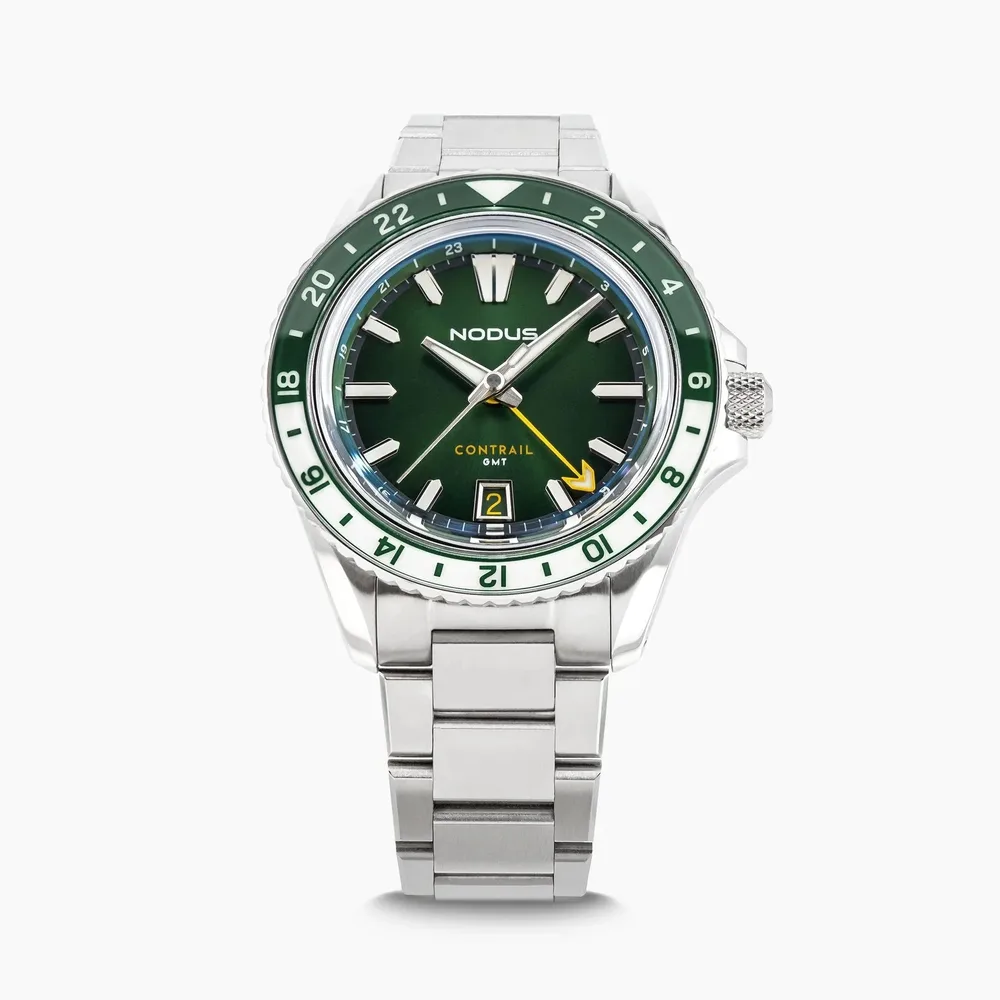 Nodus Contrail GMT Evergreen dial front view on steel bracelet